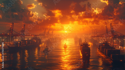 A sunset over a harbor with many ships docked
