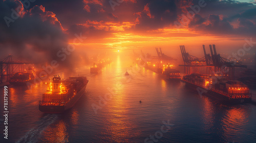 A sunset over a body of water with a large number of ships in the background