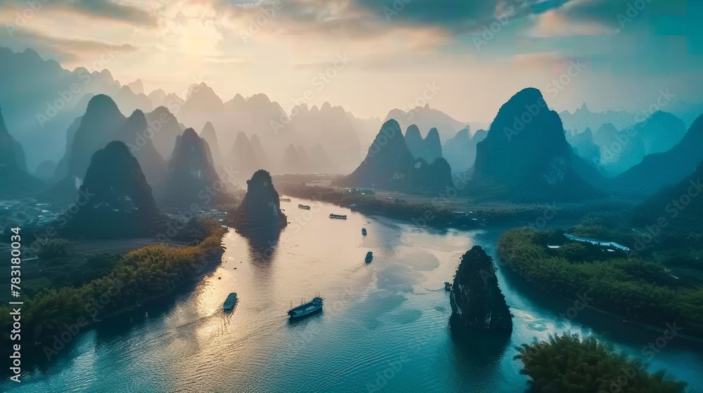 Landscape of Guilin, Li River and Karst mountains. Located near Yangshuo County, beautiful mountain range with a river running through it. water is calm and clear, trees are lush and green - obrazy, fototapety, plakaty 