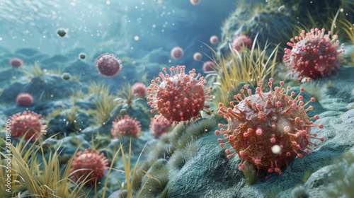 bunch of viruses are floating in the air. The viruses are brown and have a fuzzy appearance, Group of virus cells. 3D illustration, Coronavirus cells. © Space_Background