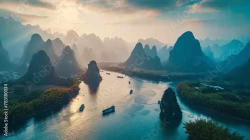 Landscape of Guilin, Li River and Karst mountains. Located near Yangshuo County, beautiful mountain range with a river running through it. water is calm and clear, trees are lush and green photo