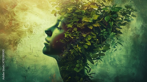 Conceptual artwork of a person's head filled with verdant foliage, representing a fertile and creative imagination