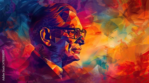 banner background National Ambedkar Jayanti Day theme, and wide copy space, A modern art depiction of Dr. Ambedkar's profile using geometric shapes, for banner, 