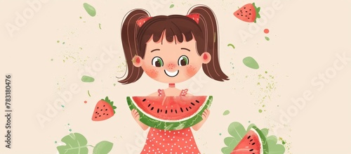 Girl enjoying a slice of watermelon surrounded by vibrant green leaves and juicy berries