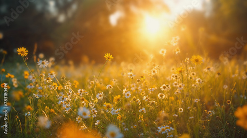 Sunlit Wildflower Meadow at Dawn with Glistening Dew, Created by Generative AI