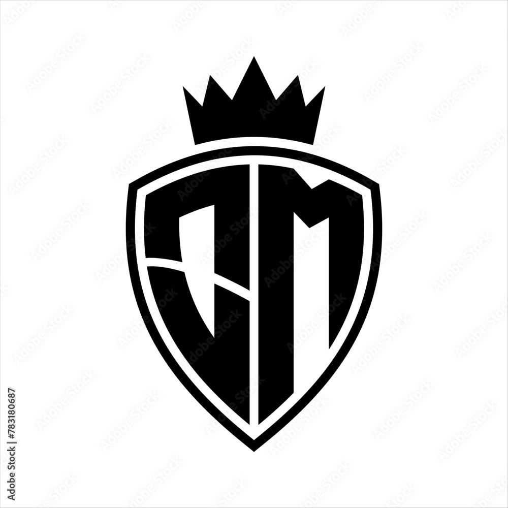 OM Letter monogram shield and crown outline shape with black and white ...