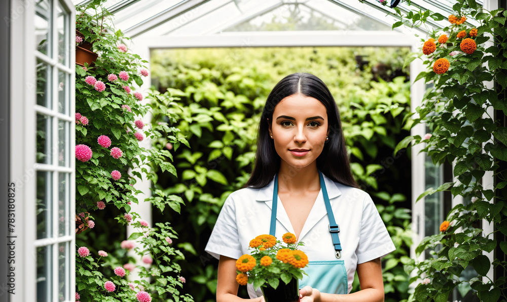A woman standing in a greenhouse holding a bouquet of flowers.