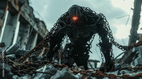 Mutant Creature, Rusty Chains, Defiant Gaze, standing amidst ruins, in a postapocalyptic wasteland, Realistic Photography, Silhouette Lighting, Chromatic Aberration, Macro shot