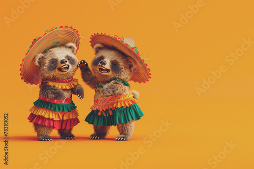 Two panda bears dancing in straw sombreros and colorful skirts on yellow background. Cinco de Mayo celebration in Mexico.