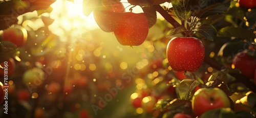 Mystical harvest, Celestial apples, fruits of destiny whispering secrets of tomorrow, in a surreal orchard where dreams and reality unite 3D render, Golden hour, Lens Flare, Silhouette shot photo