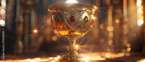 Mythical chalice, adorned with jewels, grants endless joy to the drinker, overflowing with their favorite drink A 3D render with golden hour lighting and lens flare , Frontal view