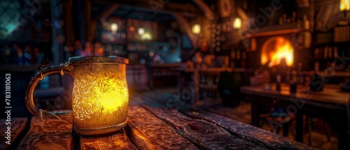Mystical mug, glowing softly, radiates warmth and comfort Nestled in a cozy tavern, with a fire crackling in the hearth Photography, captured in a cozy, dimly lit ambiance