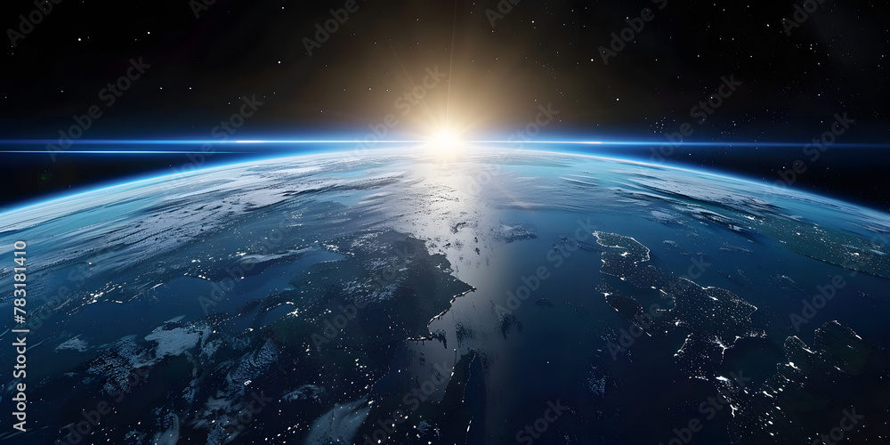 Fototapeta premium wide shot of the earth from space, blue horizon, black sky, bright sun in upper 