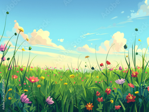 A illustration features lush green grass, vibrant flowers, and a clear blue sky in the backdrop, creating a peaceful scene.