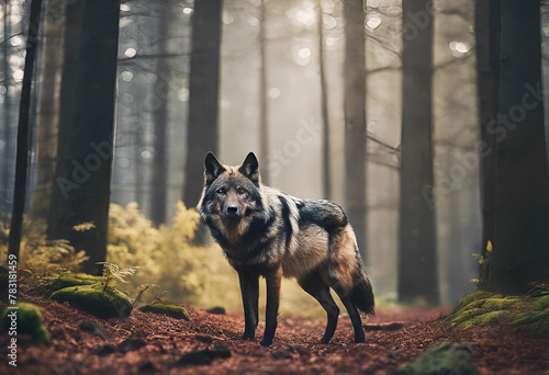 Wolf standing in the forest, Encounter the awe inspiring presence of a big, scary, and majestic lone wolf traversing a forest path or trail
