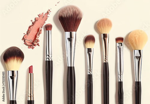 A set of makeup brushes with different sizes and shapes on white background,cosmetic industry concept. photo