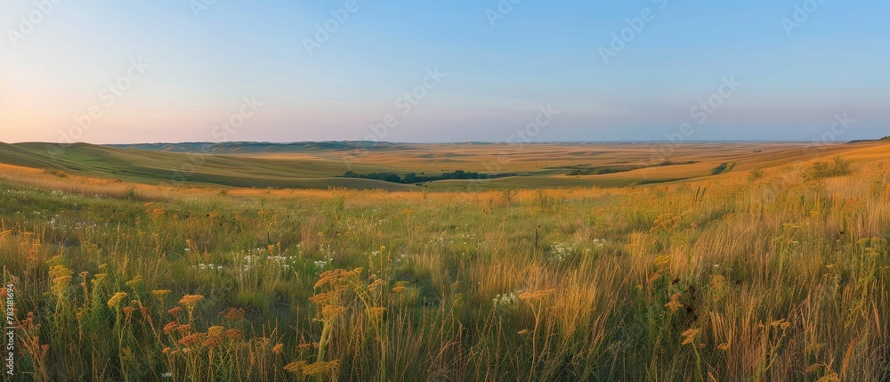 Restoration effort, native wildlife thriving, panoramic view of vast grasslands, photography, golden hour, depth of field bokeh effect, Birdseye view