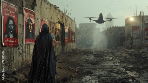 Rebel, cloaked, in a desolate urban landscape, evading drones, with posters of the regime lining the walls Realistic, spotlight, Vignette, Extreme closeup shot