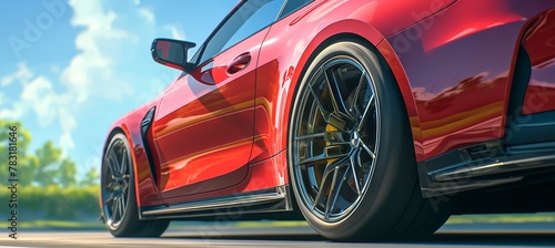 Closeup of the wheel and vibrant paint job on an elegant car, highlighting its sporty design with polished rims and high-gloss finish.