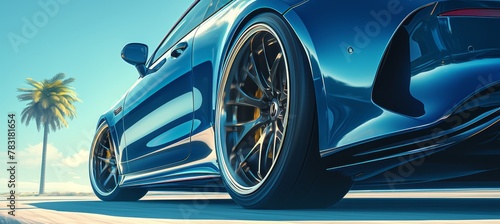Closeup of the wheel and vibrant paint job on an elegant car, highlighting its sporty design with polished rims and high-gloss finish.