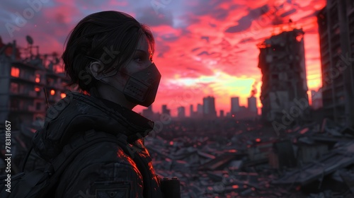Resistance fighter, mask on, navigating the city ruins under a bloodred sky 3D render, Backlights, Chromatic Aberration, Closeup shot
