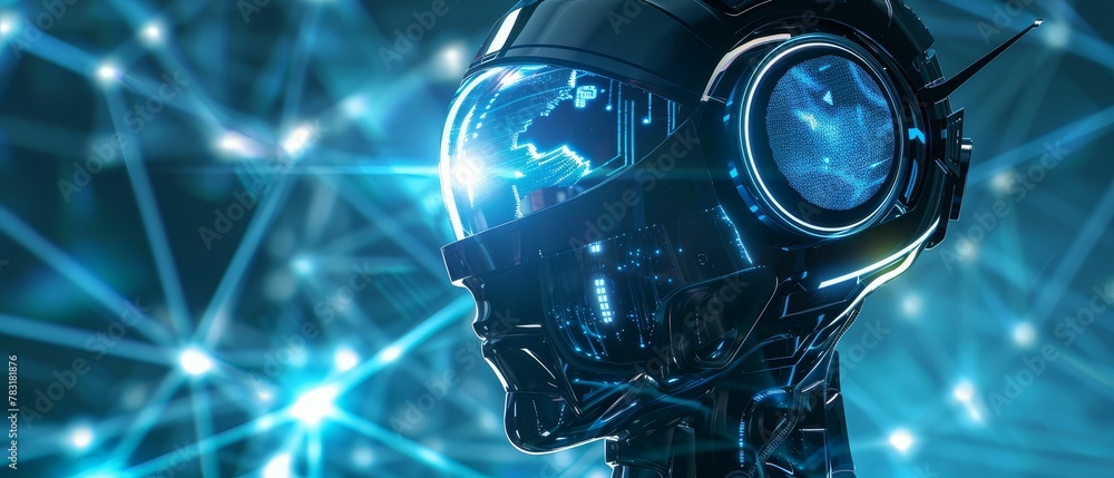 Fototapeta premium Robot, holographic display, exploring the creation and discovery of virtual time capsules, showcasing digital landscapes Realistic, Backlights, Double Exposure, Lowangle view