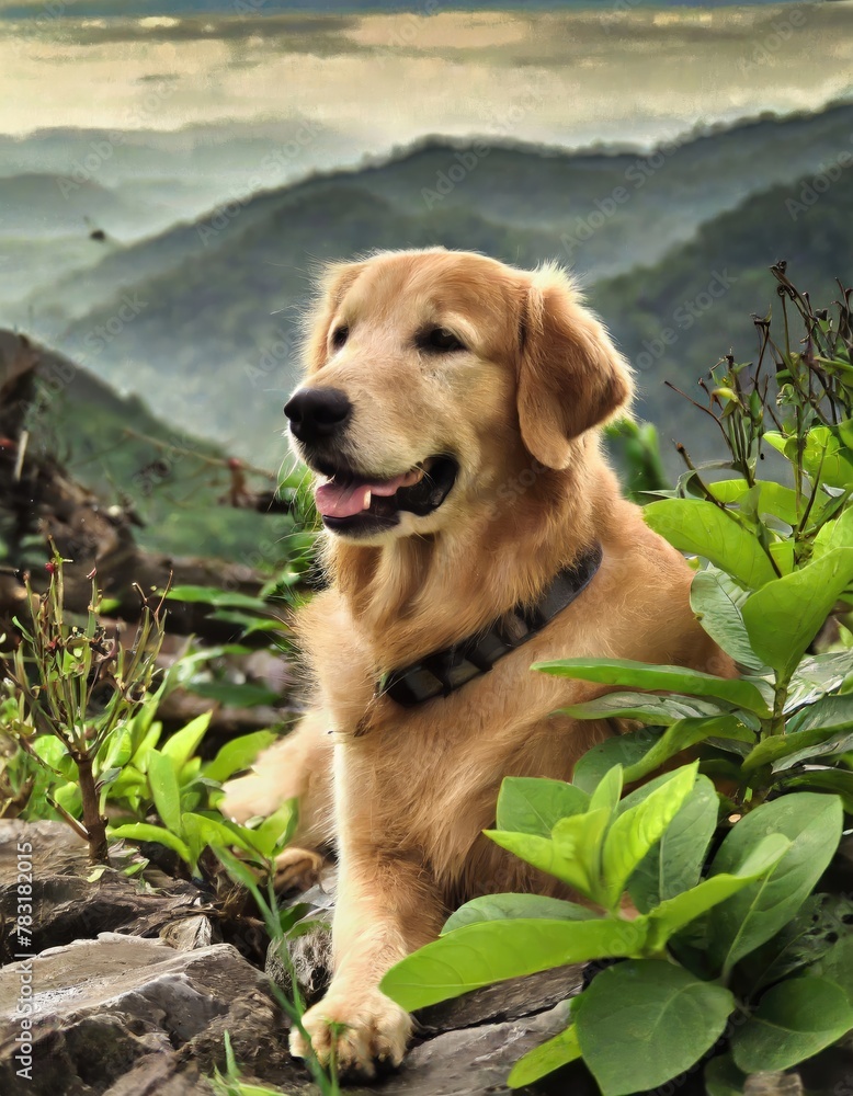 Adorable Golden Retriever Dog Relaxing in the Greenery With Blurred Background