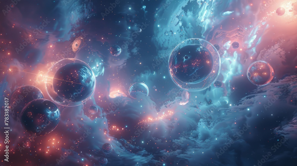 Ethereal 3D scene with glowing orbs and celestial bodies - obrazy, fototapety, plakaty 
