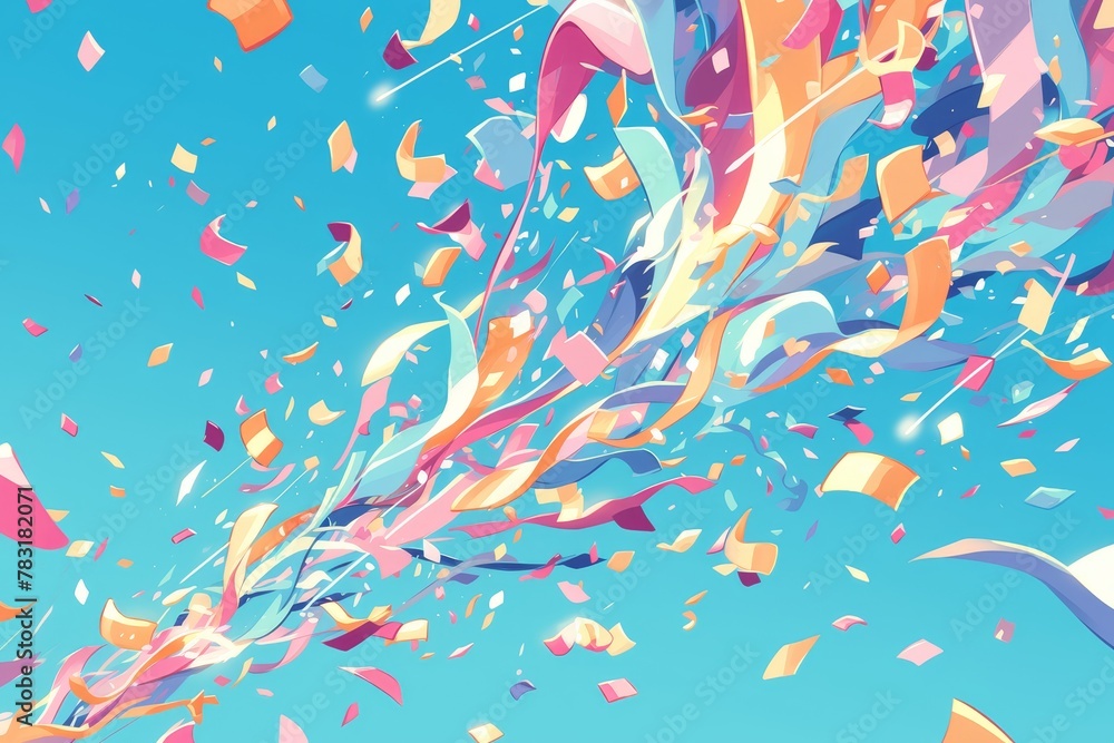 confetti in turquoise, pink and gold colors falling on blue background 