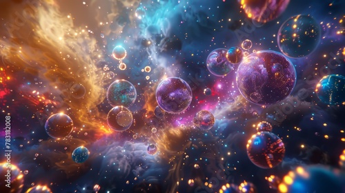 Ethereal 3D scene with glowing orbs and celestial bodies