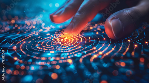 Close-up of a human finger touching a glowing fingerprint sensor on a digital interface, depicting secure biometric authentication.