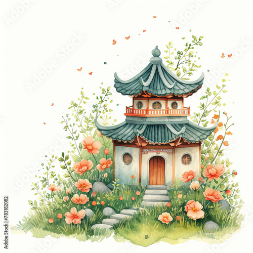 Cute watercolor pagoda house on white background, spring flowers
