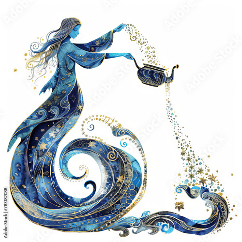 Watercolor Aquarius Zodiac sign in blue tones on white background