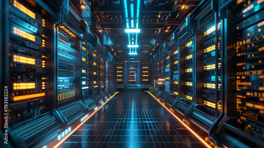 Futuristic 3D render of a high tech facility with glowing panels Futuristic 3D render of a high tech facility with glowing panels