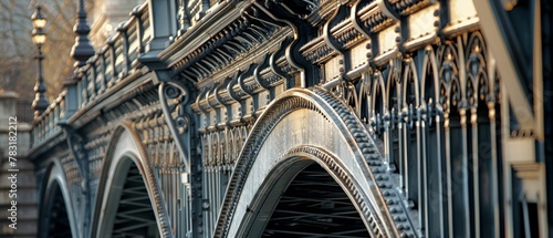 Showcasing the architectural beauty of bridges with a focus on their intricate ironwork details in a closeup view, Overtheshoulder shot photo