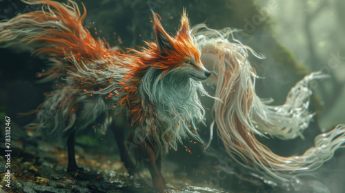 A mystical fox-like creature with flowing, flame-like fur stands amidst a foggy forest, exuding an aura of magic and mystery.