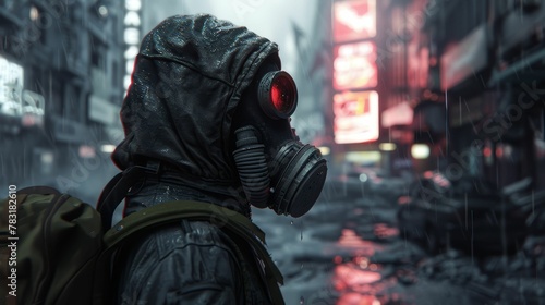 Survivor, Gas Mask, Determined Stare, scavenging for supplies in a crumbling metropolis, during a torrential downpour, 3D Render, Backlights, Depth of Field Bokeh Effect, Rear view © Jiraphiphat