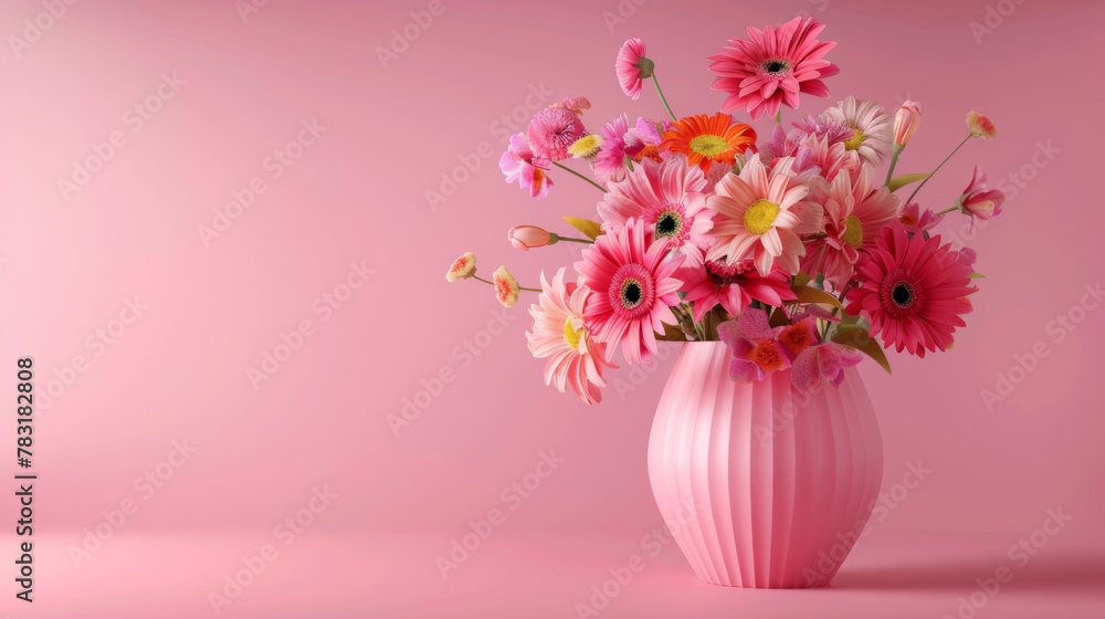 A cheerful display of pink gerberas mixed with wildflowers in a pink striped vase, creating a soft and inviting floral composition.