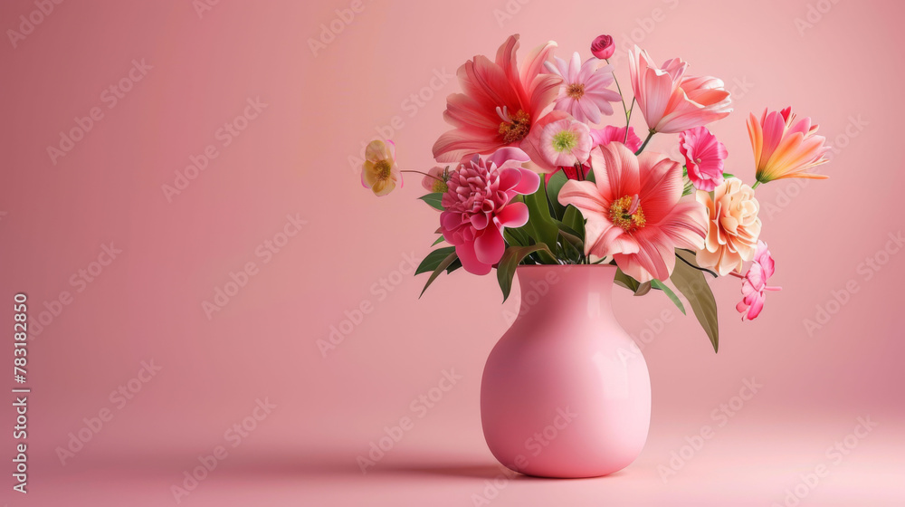 An elegant bouquet of pink blossoms including lilies and dahlias in a smooth ceramic vase, against a soft pink backdrop.