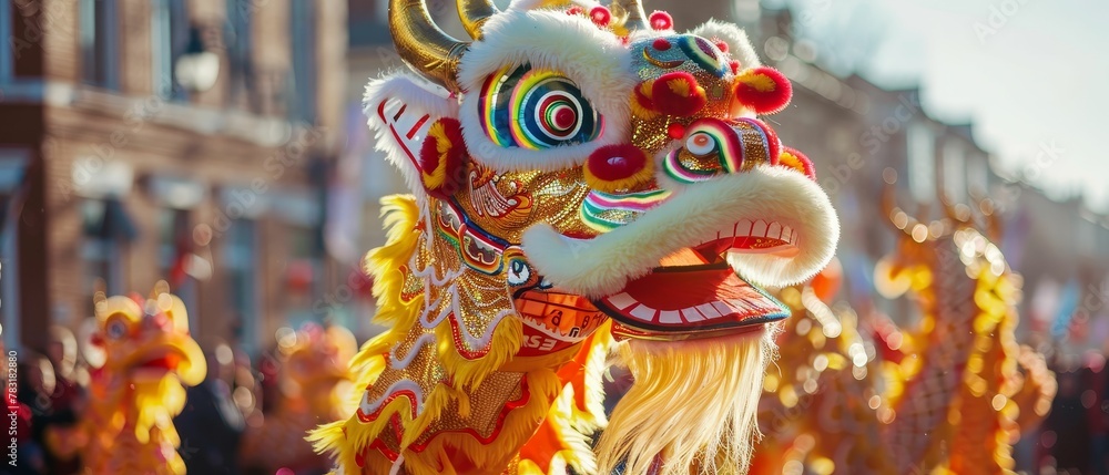 Vibrant dragon dance, intricate costumes, celebrating Chinese New Year, Mirror shot