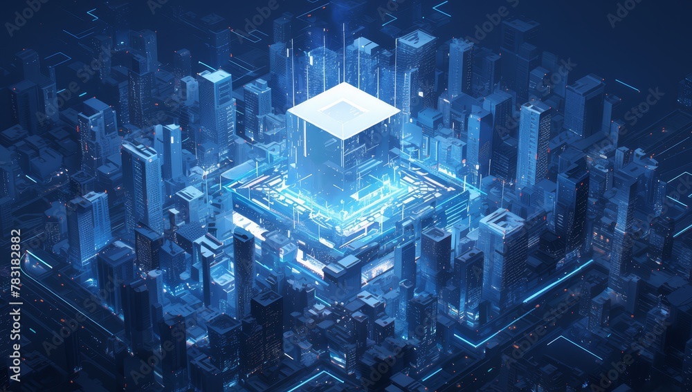 Naklejka premium Digital twin of smart city, urban center with buildings and streets surrounded by glowing blue lines forming an abstract cube shape