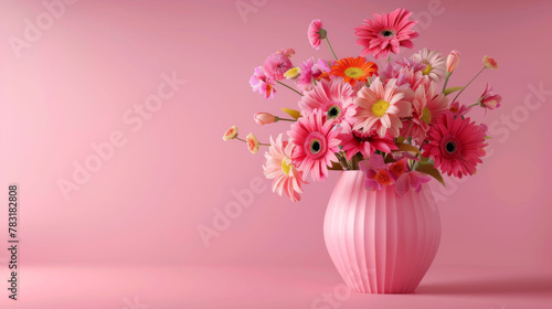 Wallpaper Mural A cheerful display of pink gerberas mixed with wildflowers in a pink striped vase, creating a soft and inviting floral composition. Torontodigital.ca