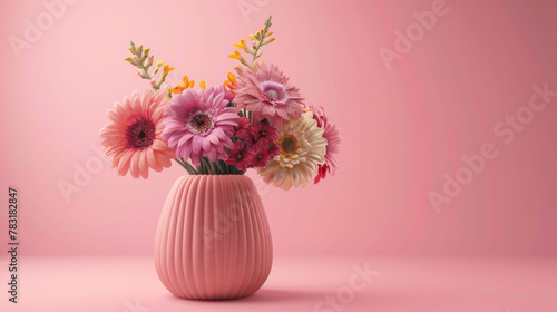 A delicate arrangement of pastel pink gerberas and complementary flowers in a textured pink vase on a matching background.
