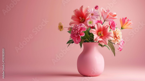 Wallpaper Mural An elegant bouquet of pink blossoms including lilies and dahlias in a smooth ceramic vase, against a soft pink backdrop. Torontodigital.ca