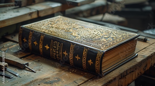 Vintage leatherbound book, intricate design, adorned with gold filigree, resting on a wooden workbench in an oldfashioned bookbinding workshop, Macro shot photo