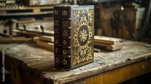 Vintage leatherbound book, intricate design, adorned with gold filigree, resting on a wooden workbench in an oldfashioned bookbinding workshop, Macro shot photo