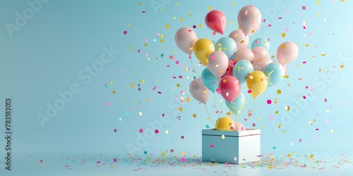 bunch of colorful balloons flying out of a cardboard gift box, present with confetti on plain background, birthday celebration banner with copy space