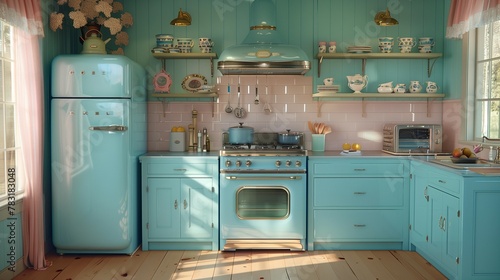 Nostalgic 1950s Kitchen with Bright Accents, generative ai