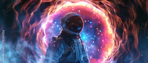 Wormhole Explorer, astronaut suit, interstellar adventurer, traversing cosmic gateways, nebula backdrop, 3D render, backlights, chromatic aberration, Wormseye view