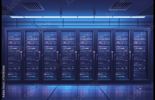 Futuristic, hightech data center with glowing server cabinets and dark blue lighting, representing advanced digital technology in the cloud or information storage space. 
